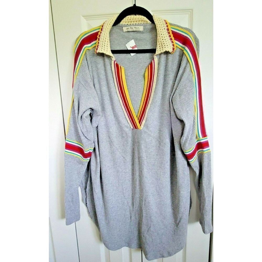We The Free Gray M Soft V Neck Oversized Top Long Sleeve Boho Lace Crochet NWT